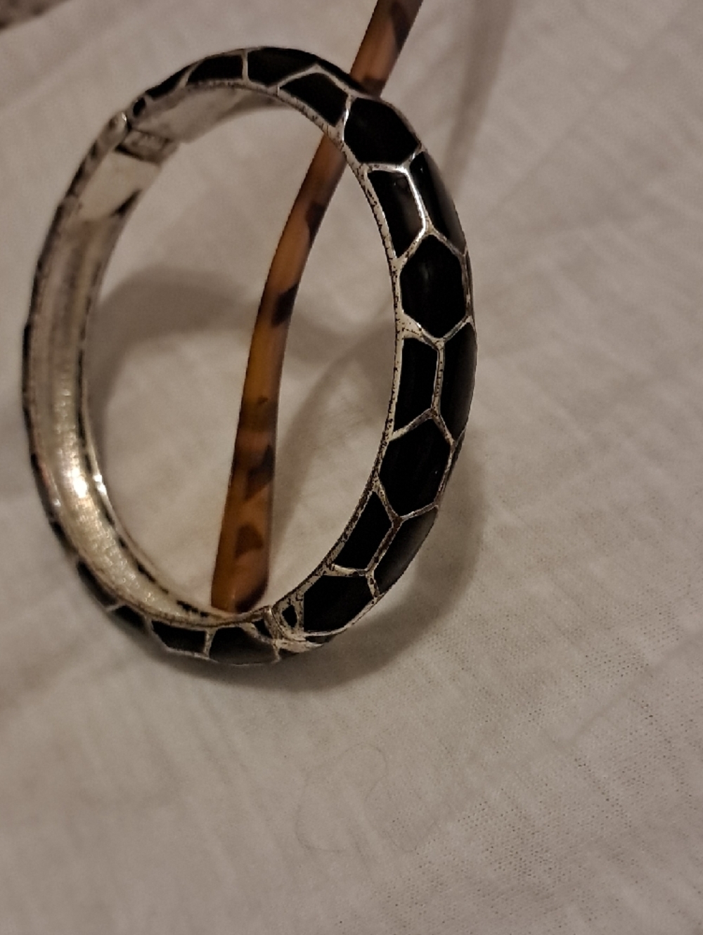 Black Enamel Geometric Bangle Bracelet - Women's Fashion Jewelry - Picture 2 of 2